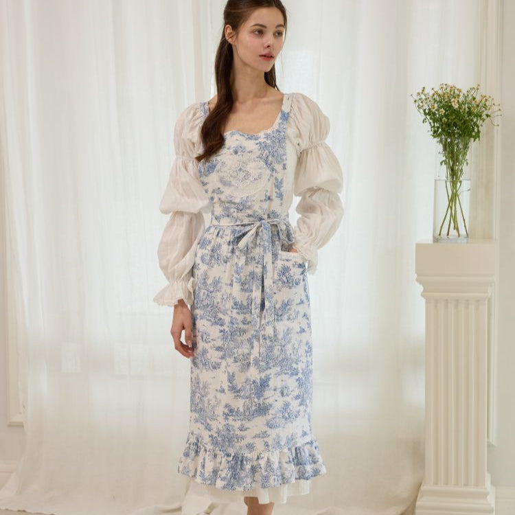 [Dubleve] toile de jouy long frill apron - blue